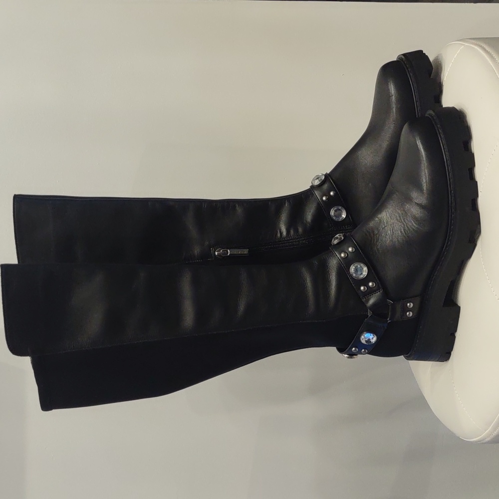 Karl Lagerfeld Milla Black Knee High Rhinestone Equestrian Buckle New Lug Boots